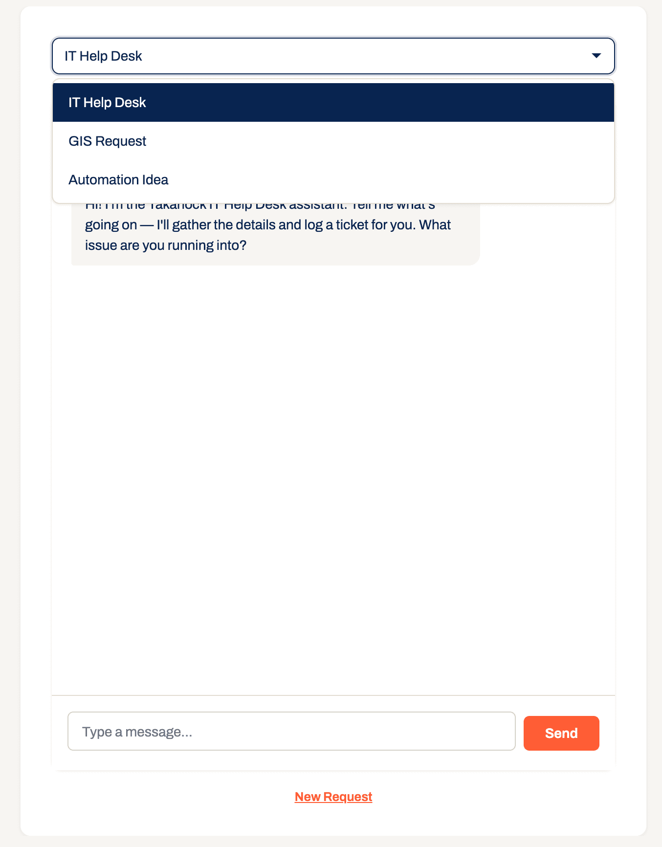 The Submit a Request form's category dropdown, showing IT Help Desk, GIS Request, and Automation Idea as options