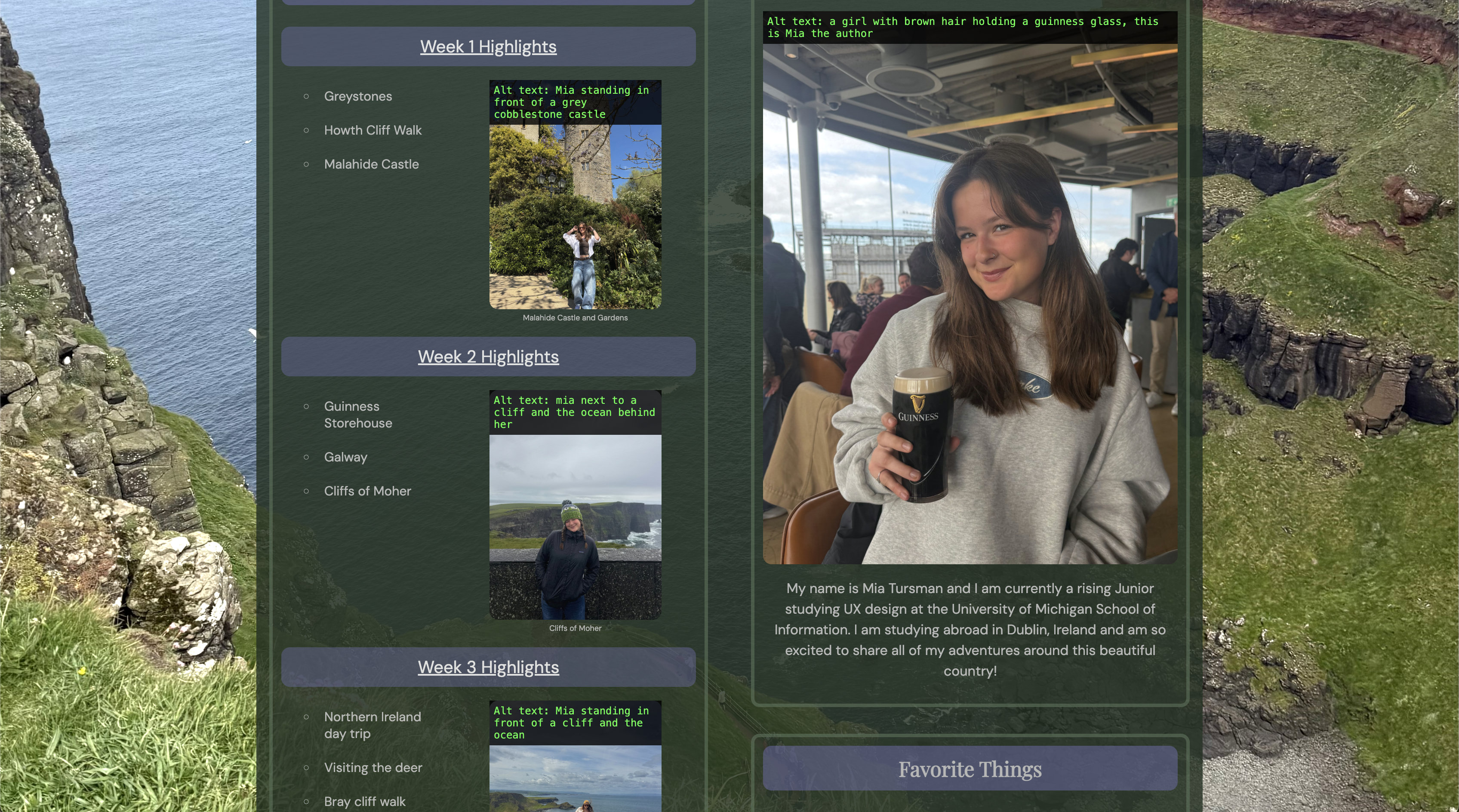 The Ireland with Mia site with alt text callouts overlaid on photos, including 'a girl with brown hair holding a guinness glass, this is Mia the author'