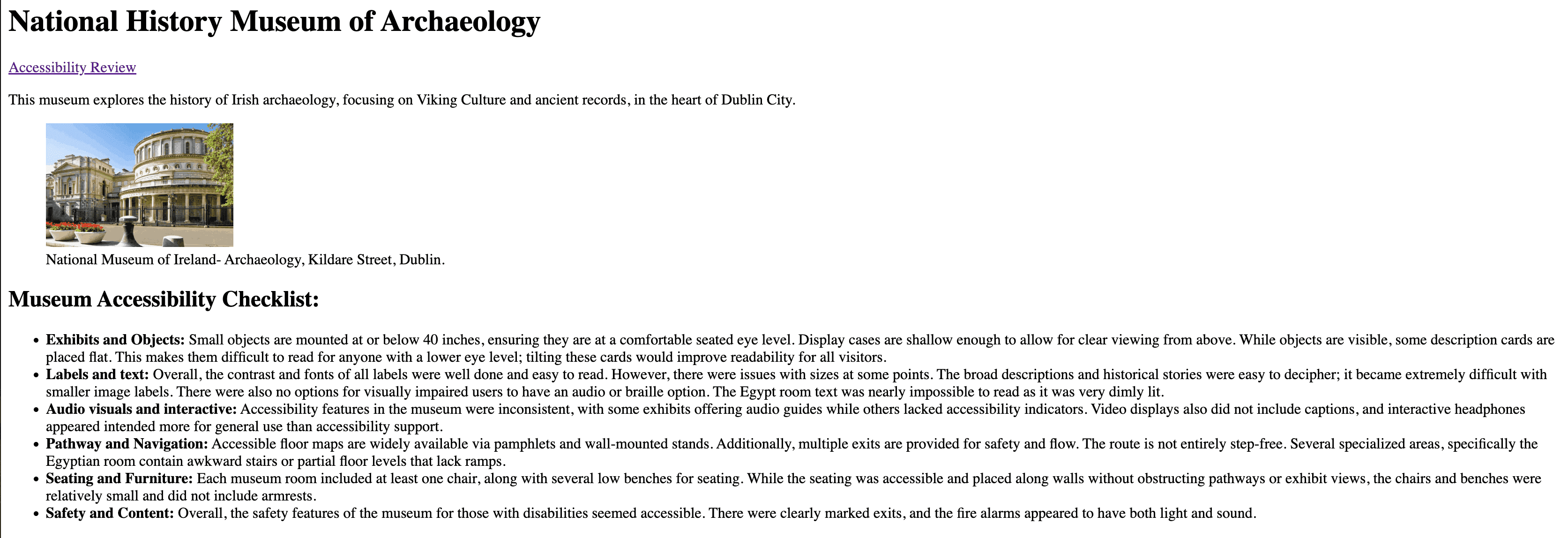 My coded HTML writeup of the museum accessibility audit, showing the National History Museum of Archaeology heading, a photo of the museum exterior, and a bulleted accessibility checklist