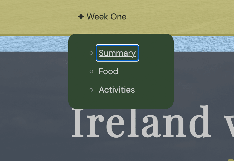 A visible blue keyboard-focus ring around the 'Summary' link inside the Week One dropdown menu