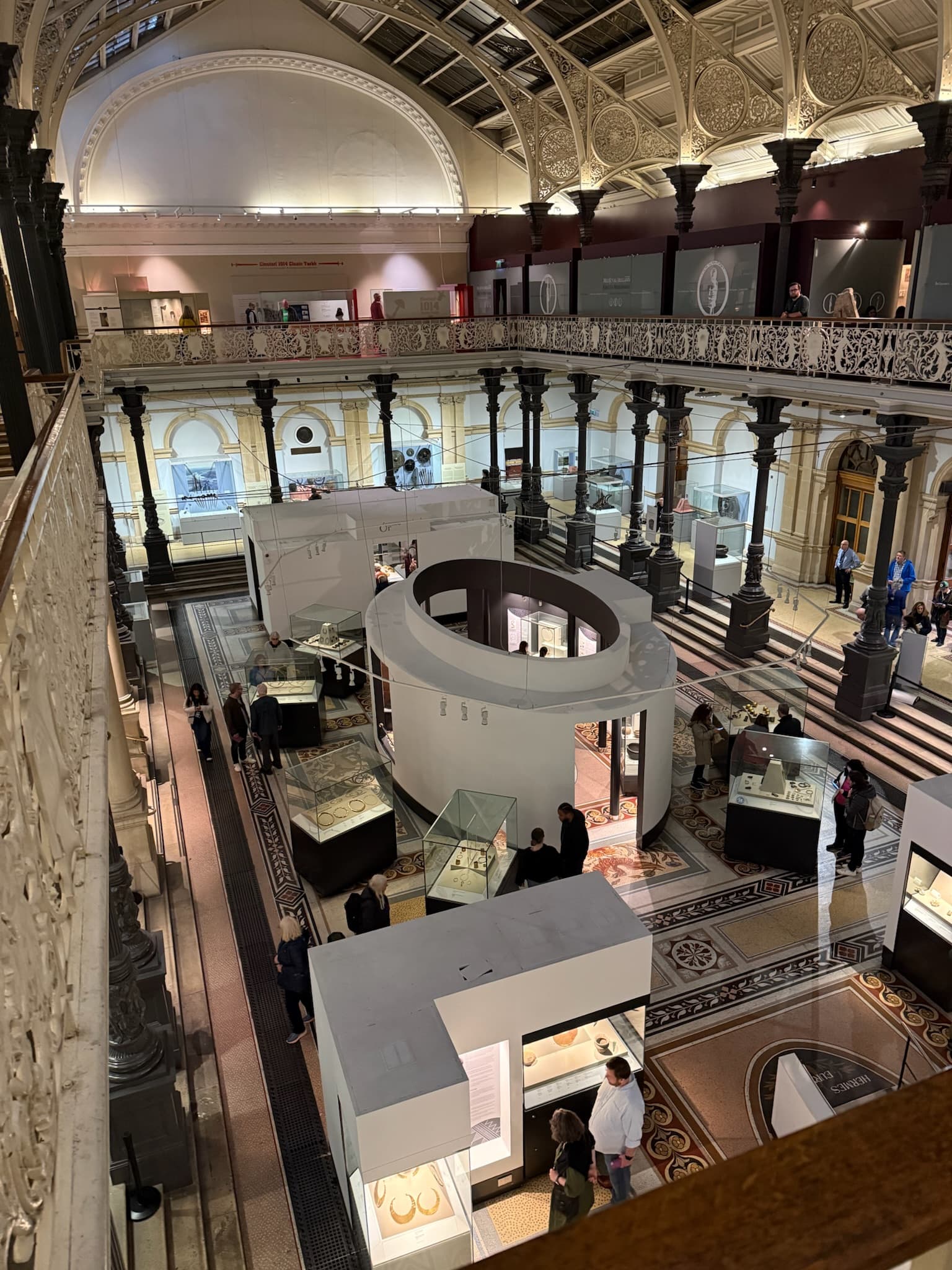 A view down into the National History Museum of Ireland's second-floor gallery from an upper walkway