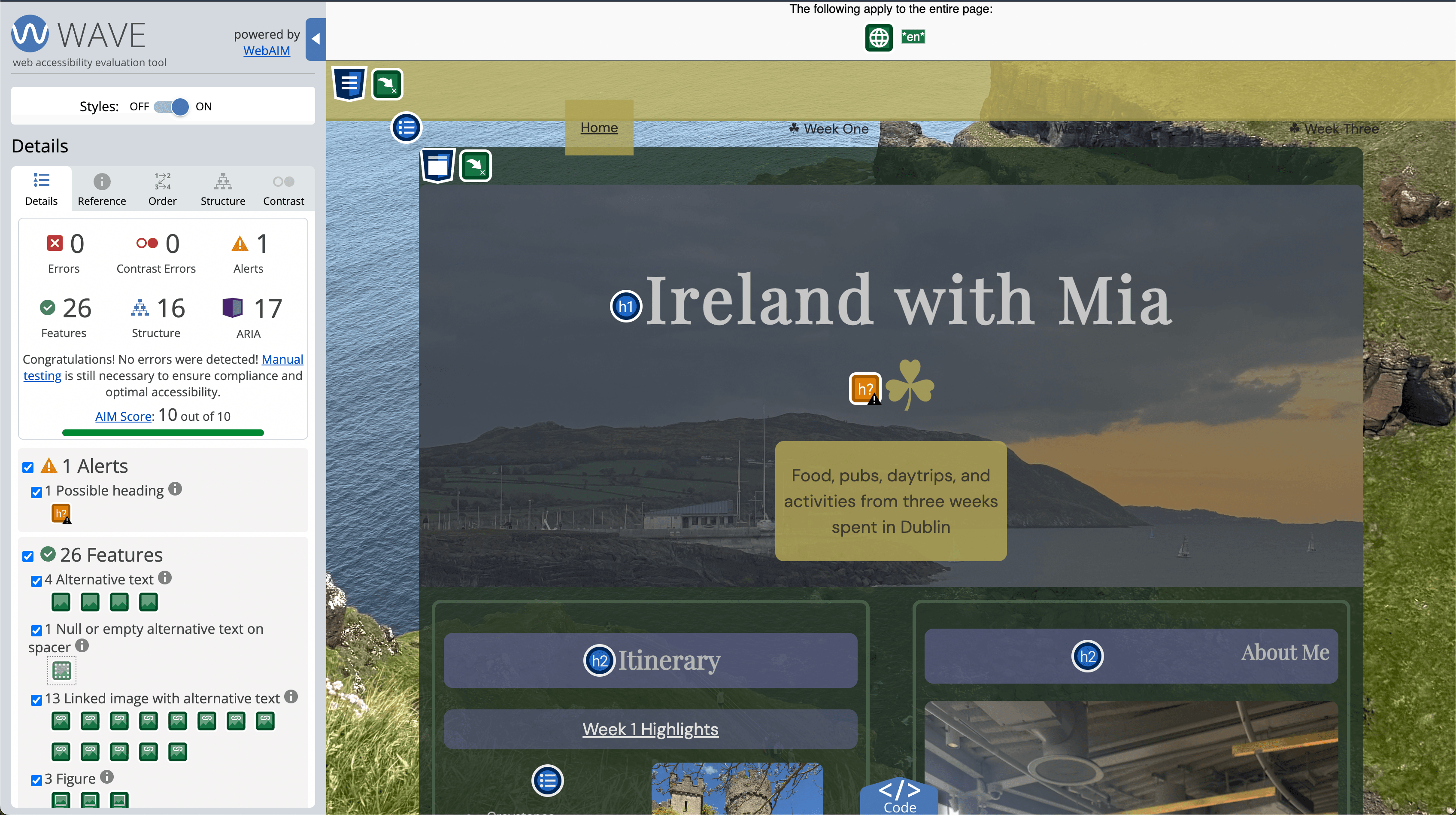 The WAVE accessibility evaluation tool overlaid on the Ireland with Mia homepage, showing 0 errors, 0 contrast errors, and an AIM score of 10 out of 10