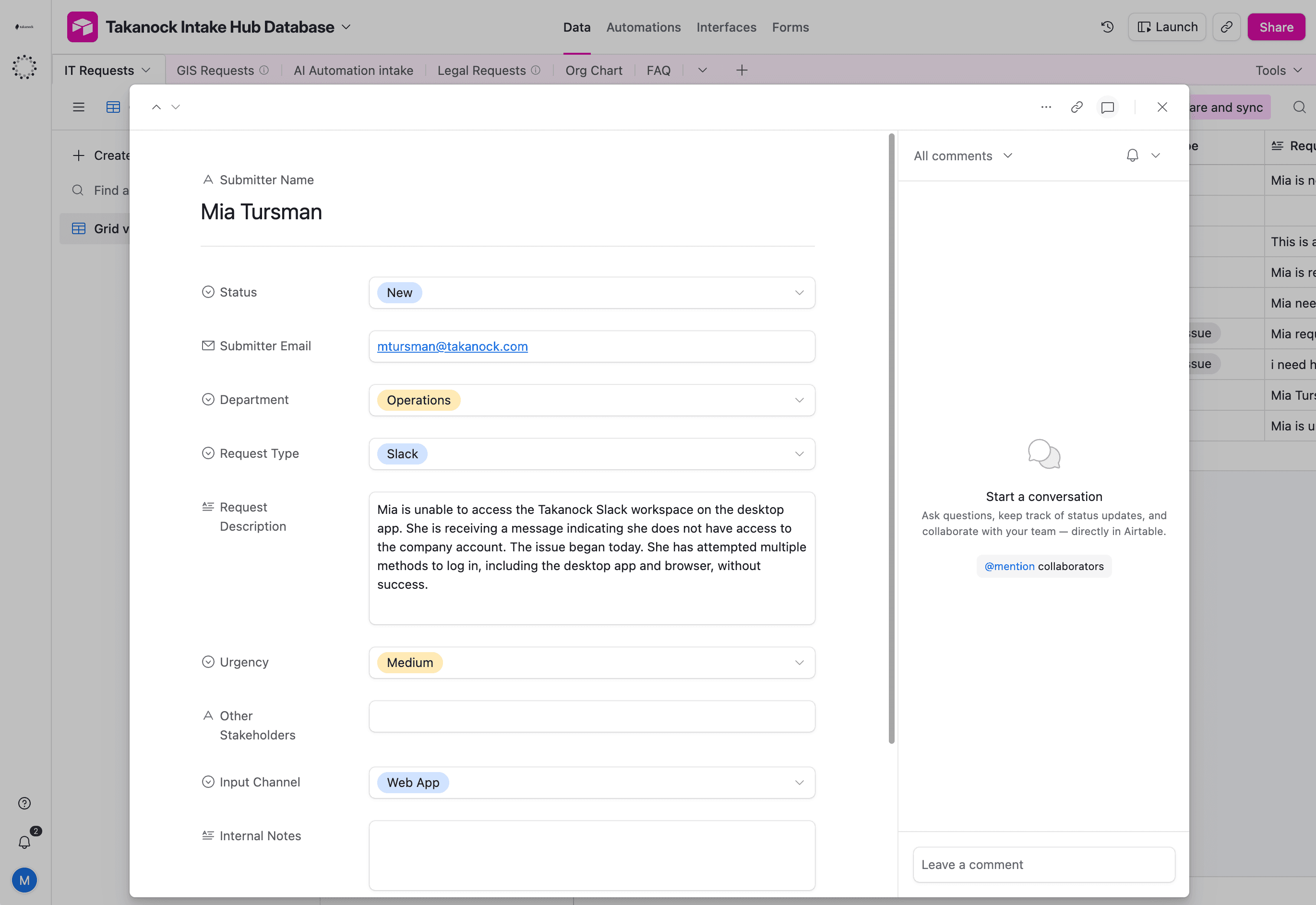 An Airtable record in the Takanock Intake Hub Database showing Mia Tursman's Slack access request, with status, department, and description fields