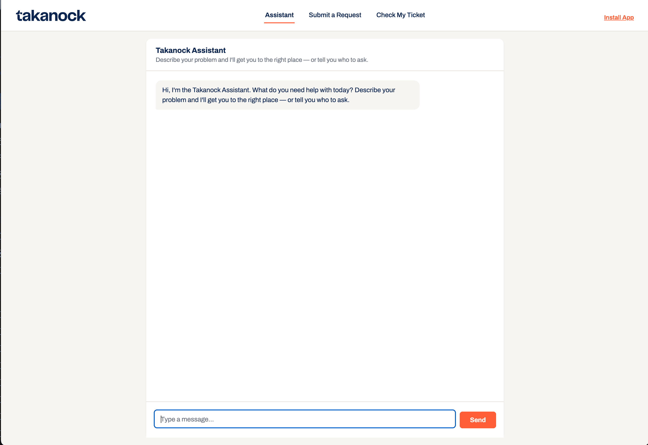 The Takanock Intake Hub homepage, showing the Assistant tab alongside Submit a Request and Check My Ticket