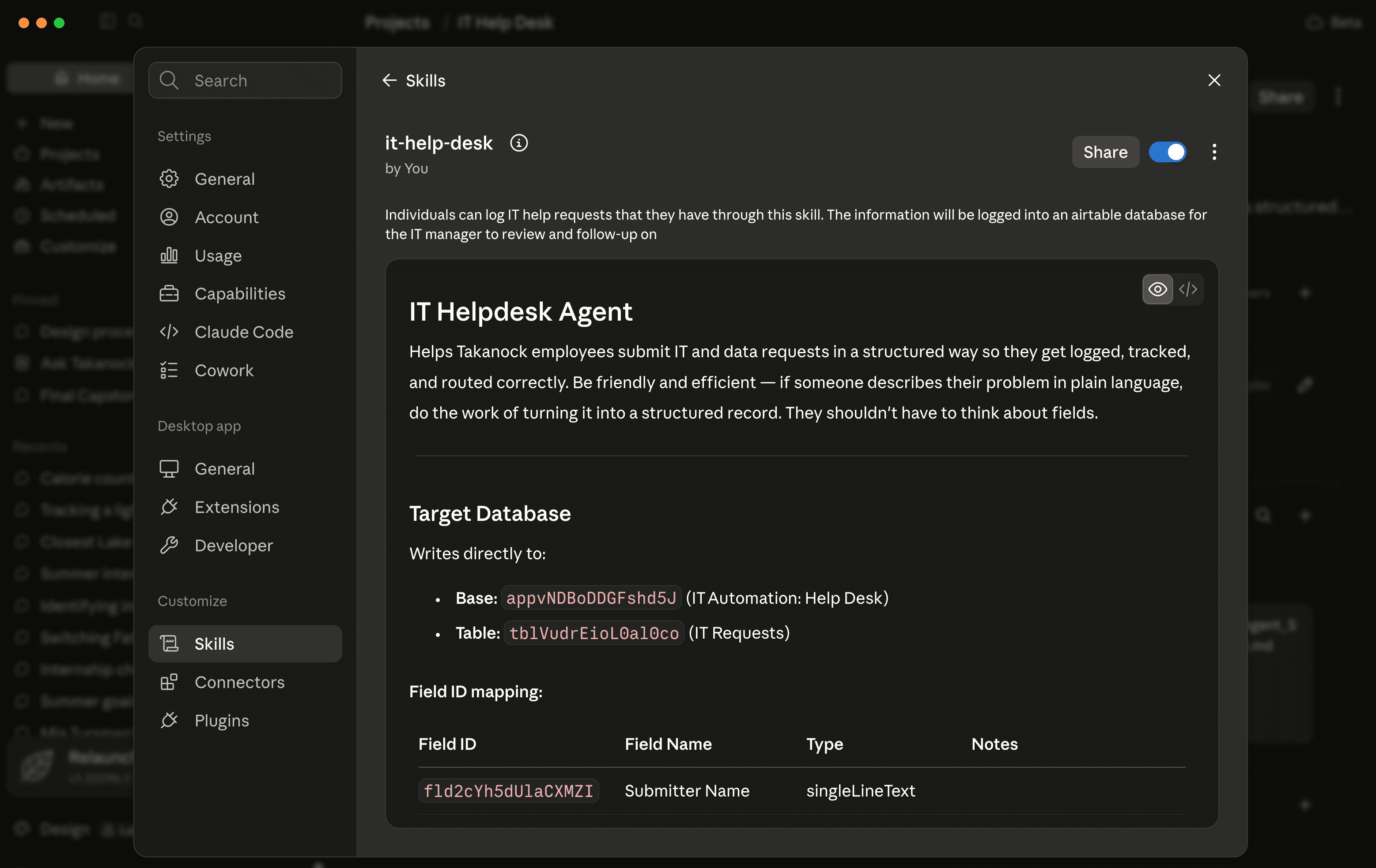 The original it-help-desk Claude skill configuration, showing its description and Airtable field mapping