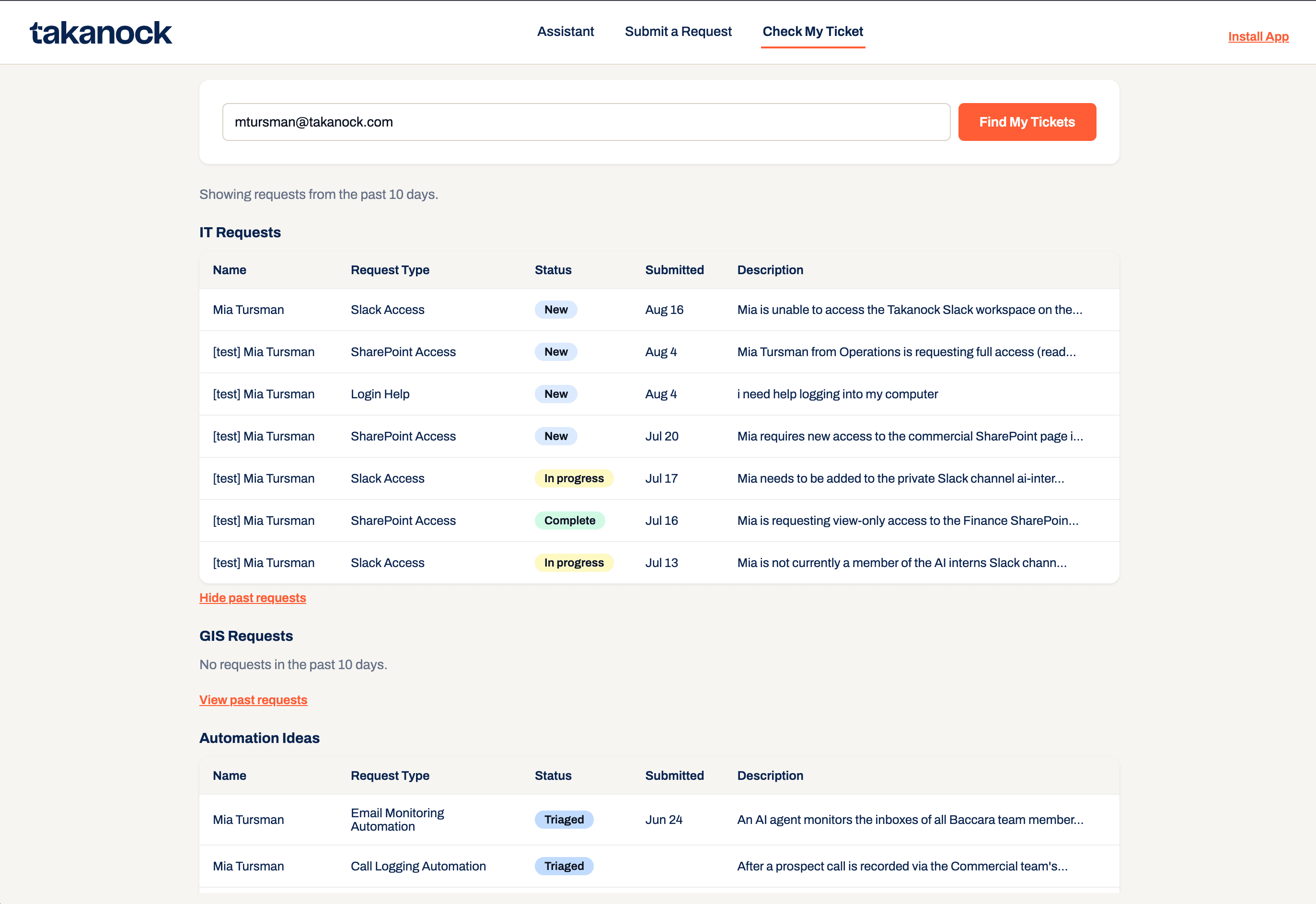 The Check My Ticket page listing an employee's submitted IT, GIS, and Automation requests with their current status