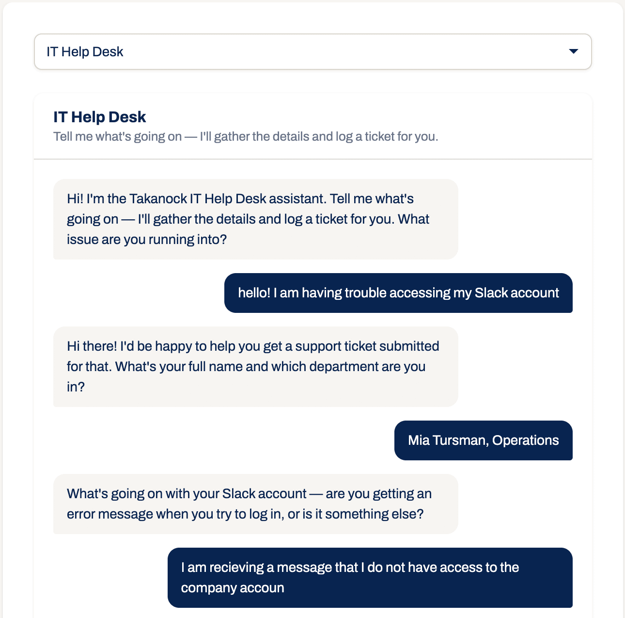 Screenshot of the Takanock Assistant chat: a user reporting they can't access their Slack account and providing their name and department to start a support ticket