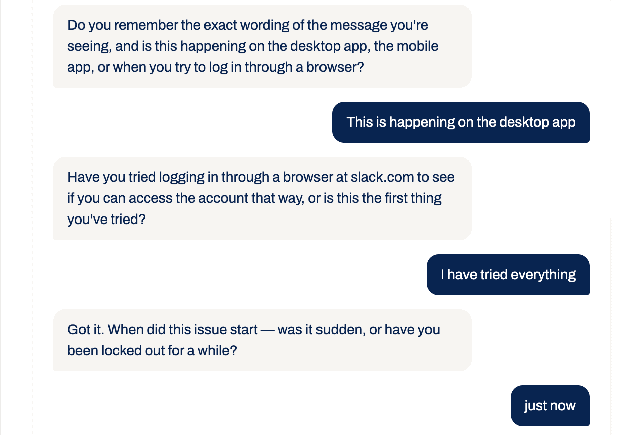 Screenshot of the Takanock Assistant chat: the assistant asking clarifying questions about which app the issue is happening on and when it started