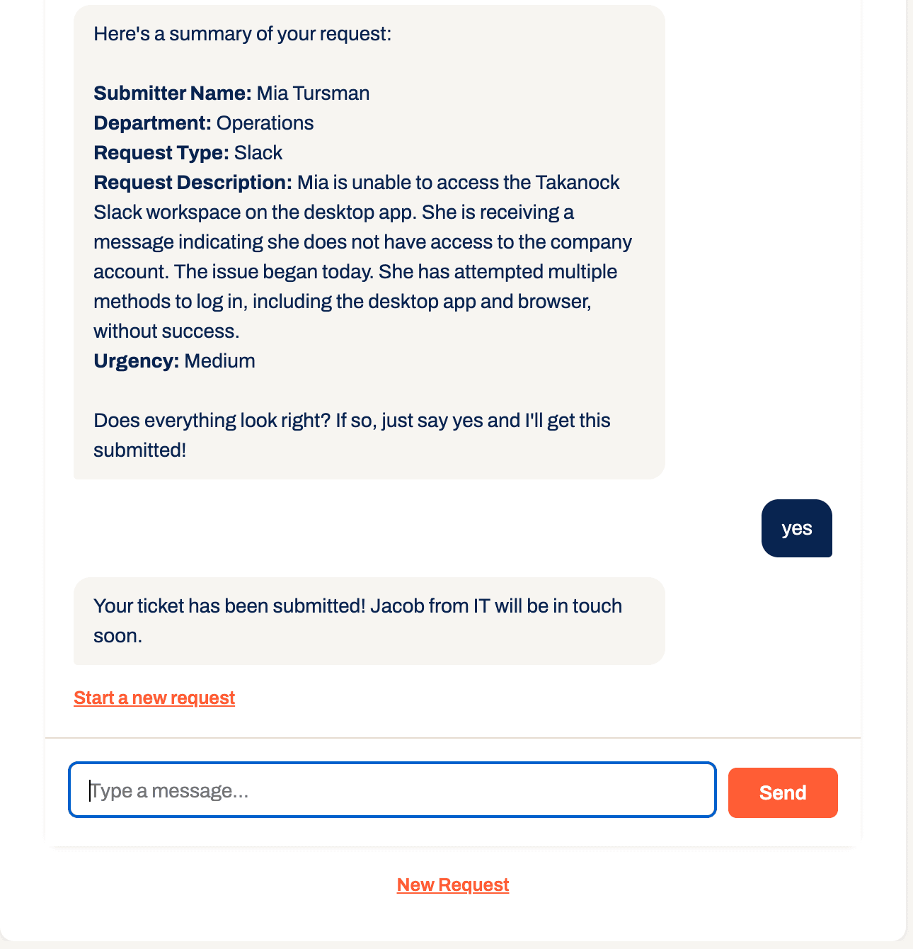Screenshot of the Takanock Assistant chat: the assistant summarizing the ticket details and confirming submission after the user replies yes