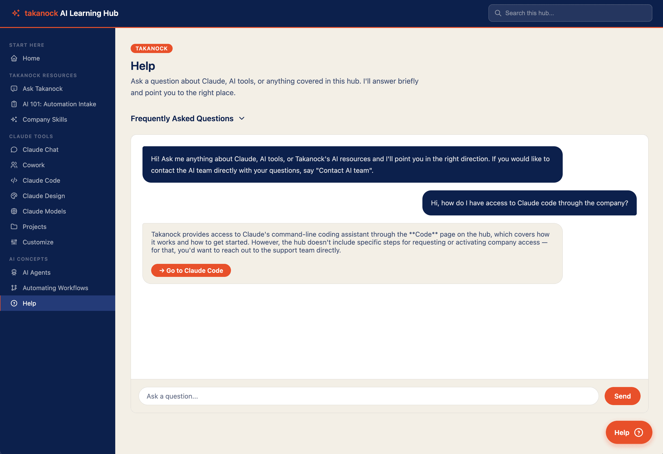 A user asking the Learning Hub's built-in chatbot how to get access to Claude Code through the company, with the assistant pointing them to the right page
