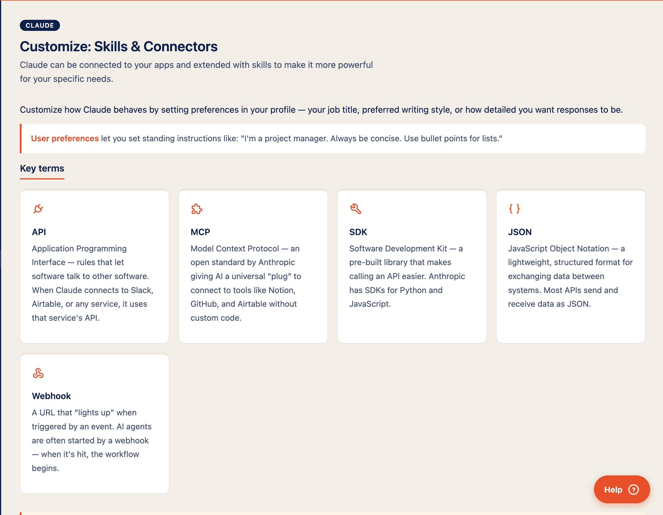 The Learning Hub's Customize page defining Claude concepts like API, MCP, SDK, and webhooks in plain language