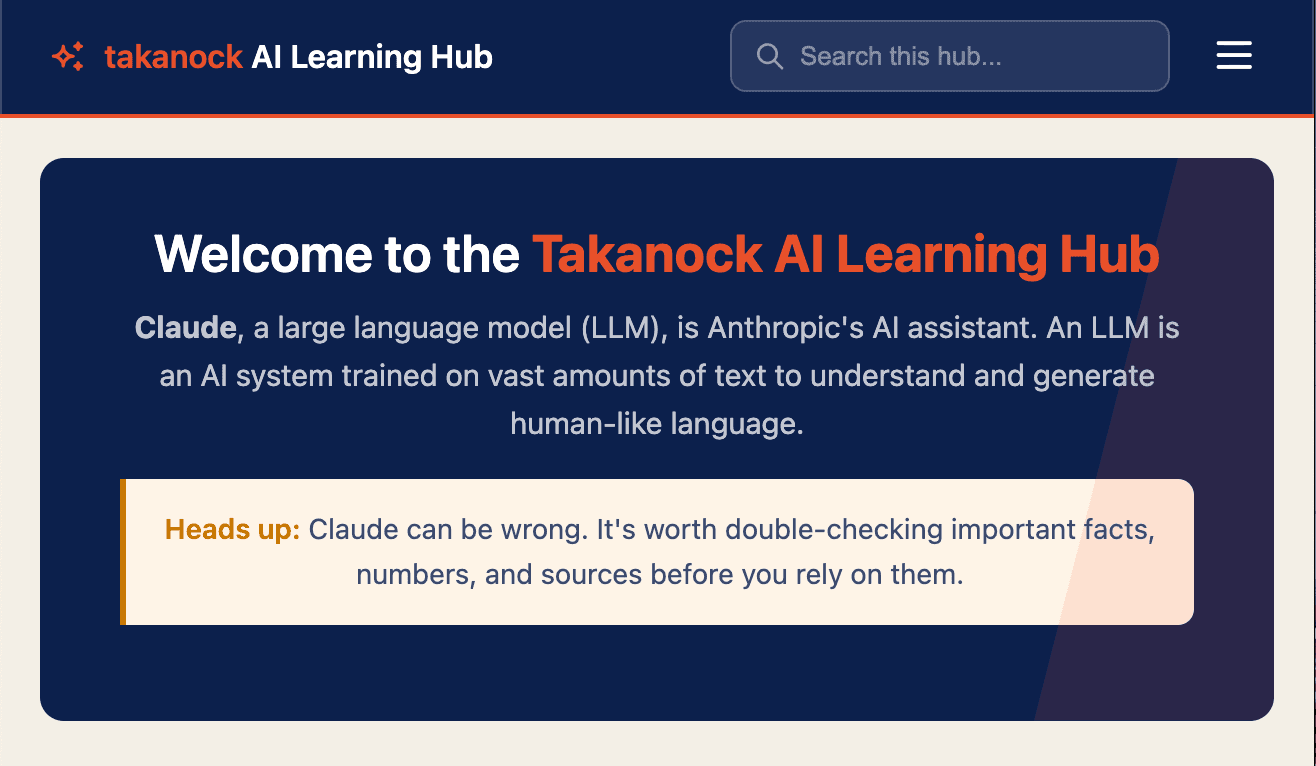 The Takanock AI Learning Hub welcome screen, introducing Claude and the hub's purpose to new hires