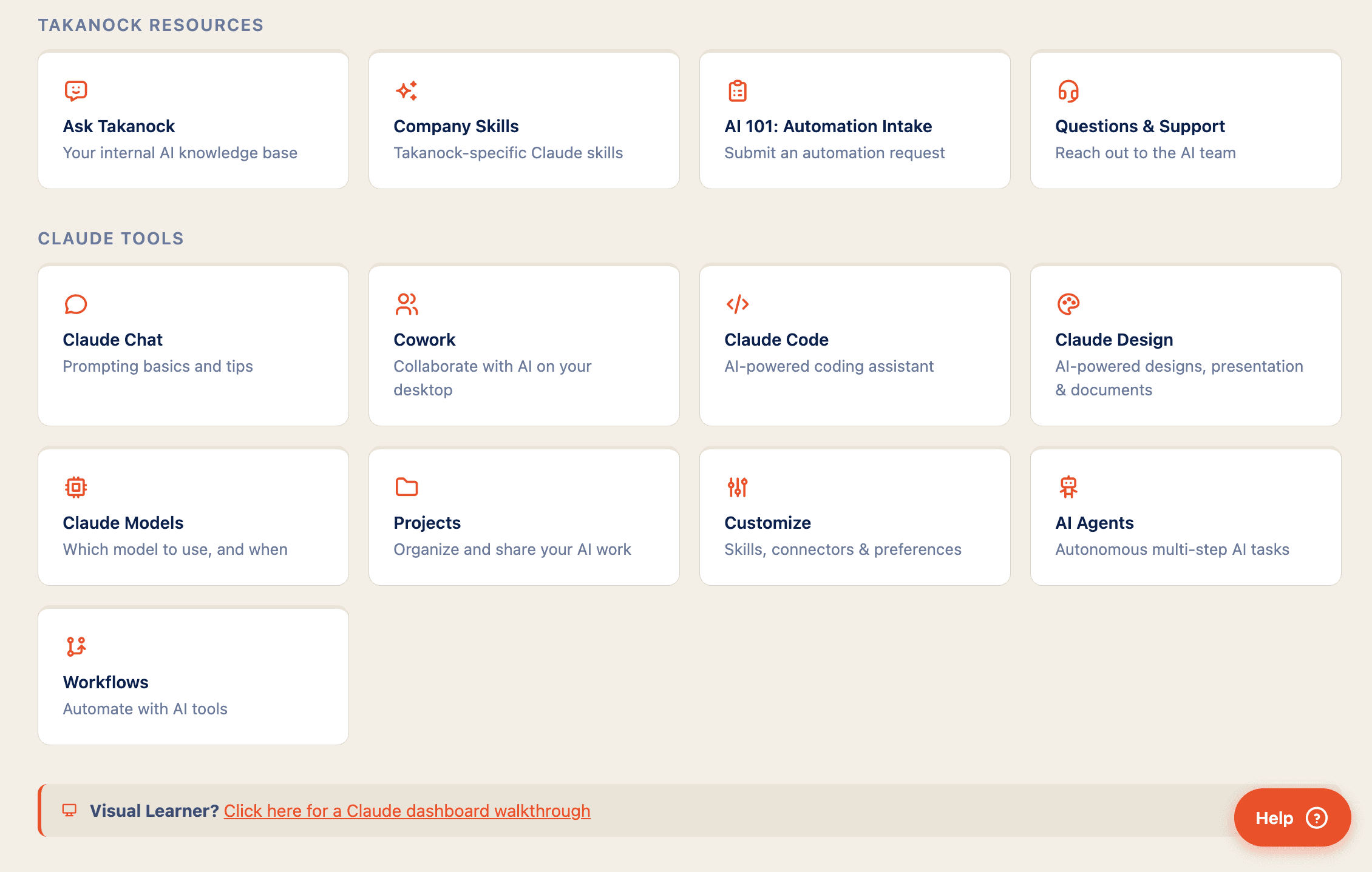 The Takanock AI Learning Hub's organized resource grid, grouped into Takanock Resources, Claude Tools, and AI Concepts sections