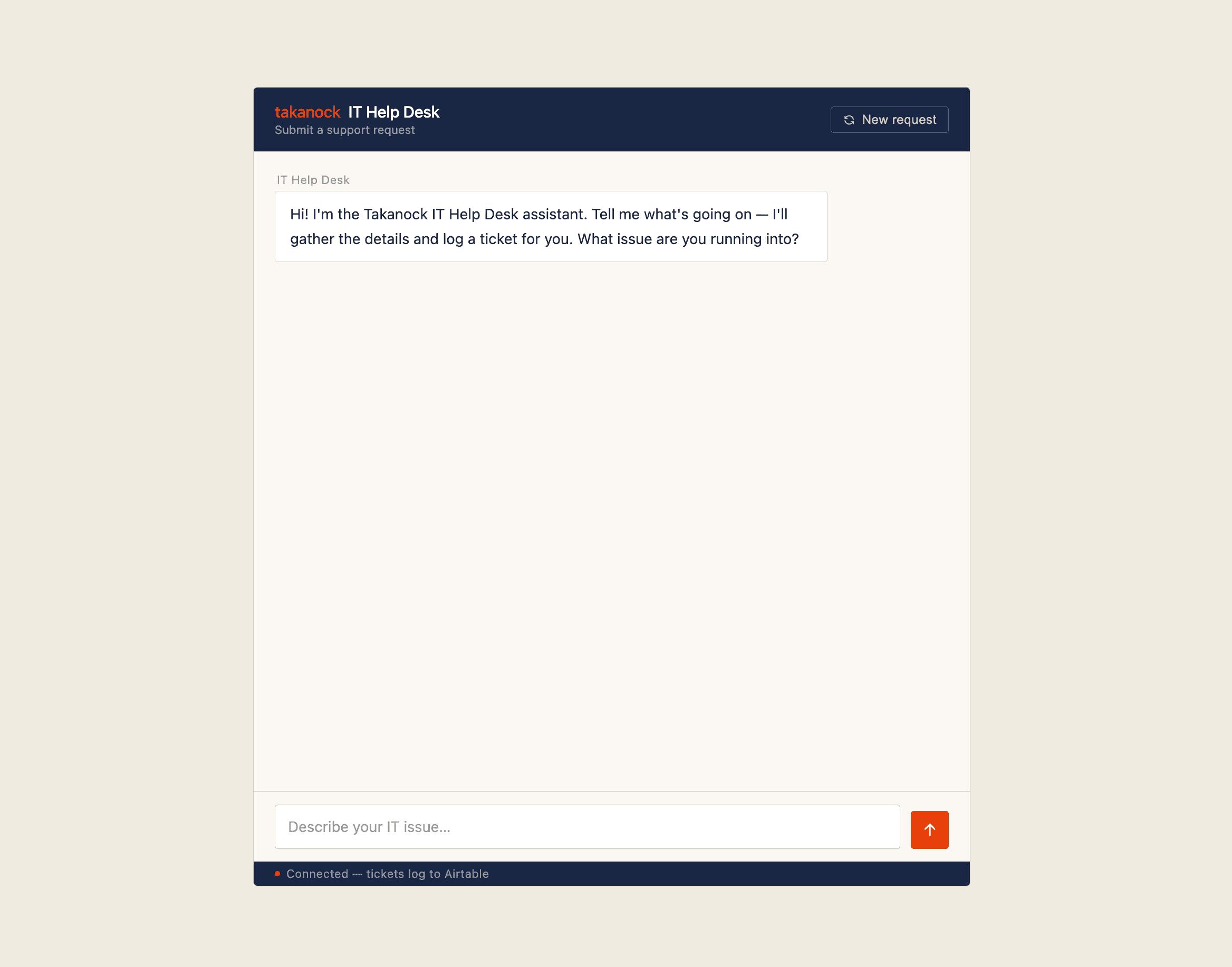 The earlier standalone Takanock IT Help Desk web app, showing its chat-style support request form